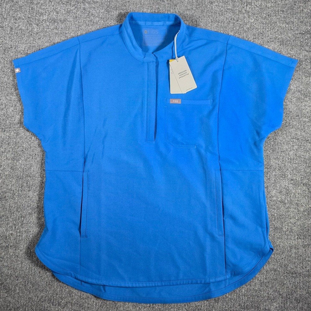 FIGS Technical Collection Blue Scrub Top Short Sleeve Mandarin Collar Large NWT